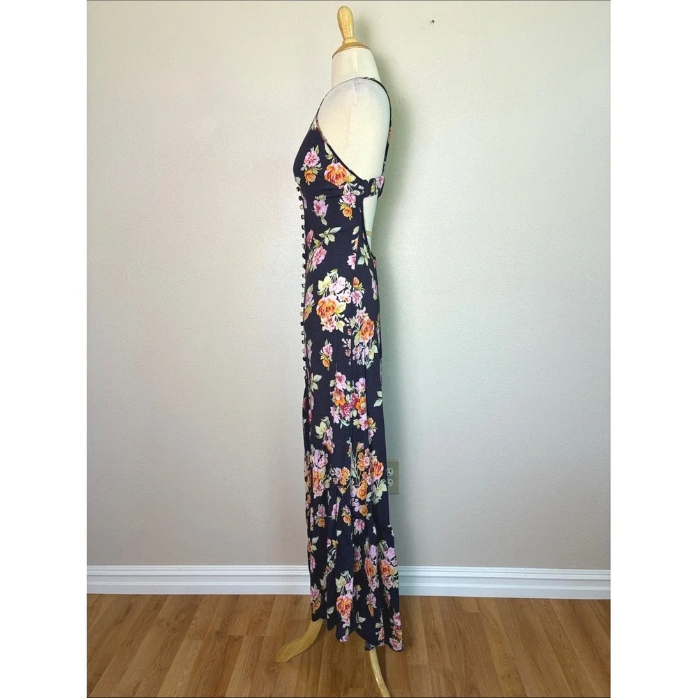 FLINN SKYE Small Black Floral Spaghetti Strap Hi Low Dress Y2K Button‎ Front USA